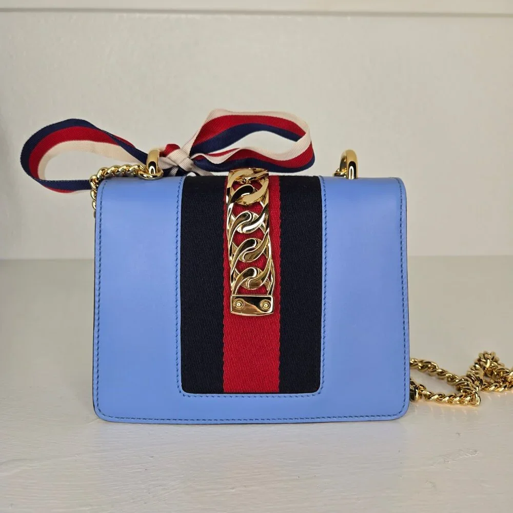 Gucci Sylvie Mini Flap Bag Blue with Ribbon & Chain Handbag Purse Crossbody - Picture 5 of 15